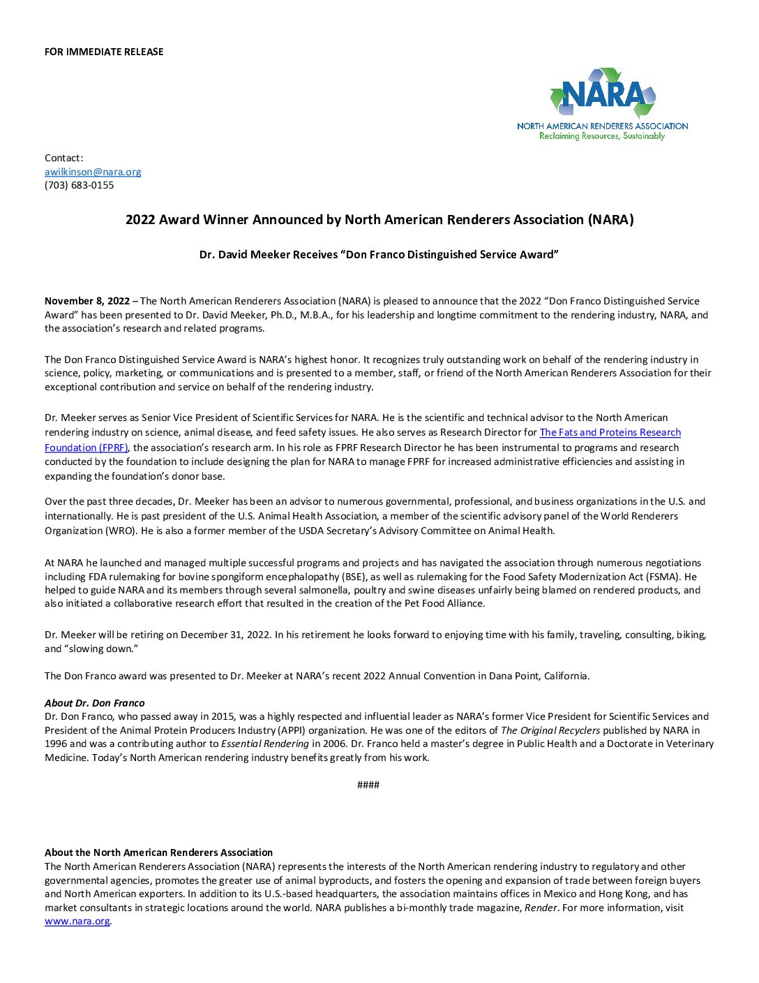 2022 Don Franco Distinguished Service Award Press Release