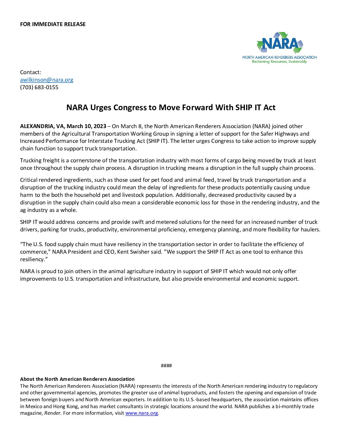 NARA Urges Congress to Move Forward with SHIP IT Act