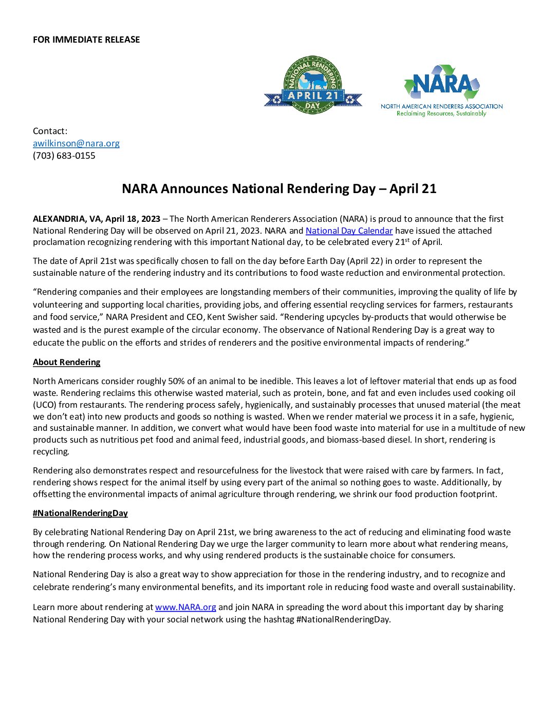 NARA Announces National Rendering Day - April 21